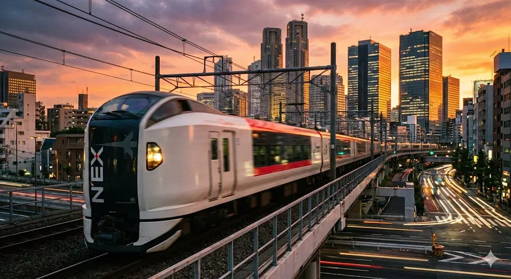 Red and white Narita Express (N'EX) train speeding towards Tokyo skyscrapers at sunset