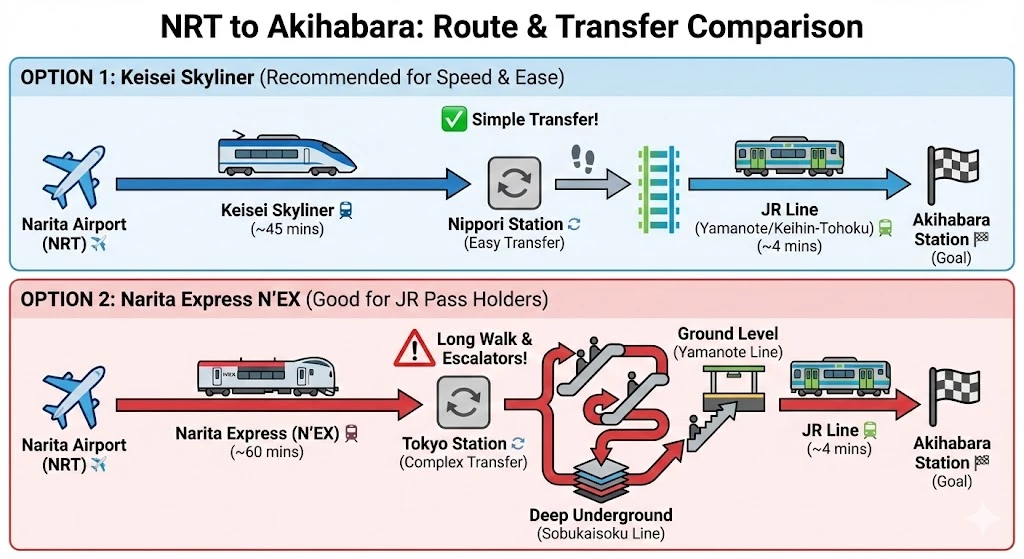 Infographic comparing travel routes from Narita Airport to Akihabara. Top: Keisei Skyliner via Nippori (easy transfer). Bottom: Narita Express via Tokyo Station (complex transfer).