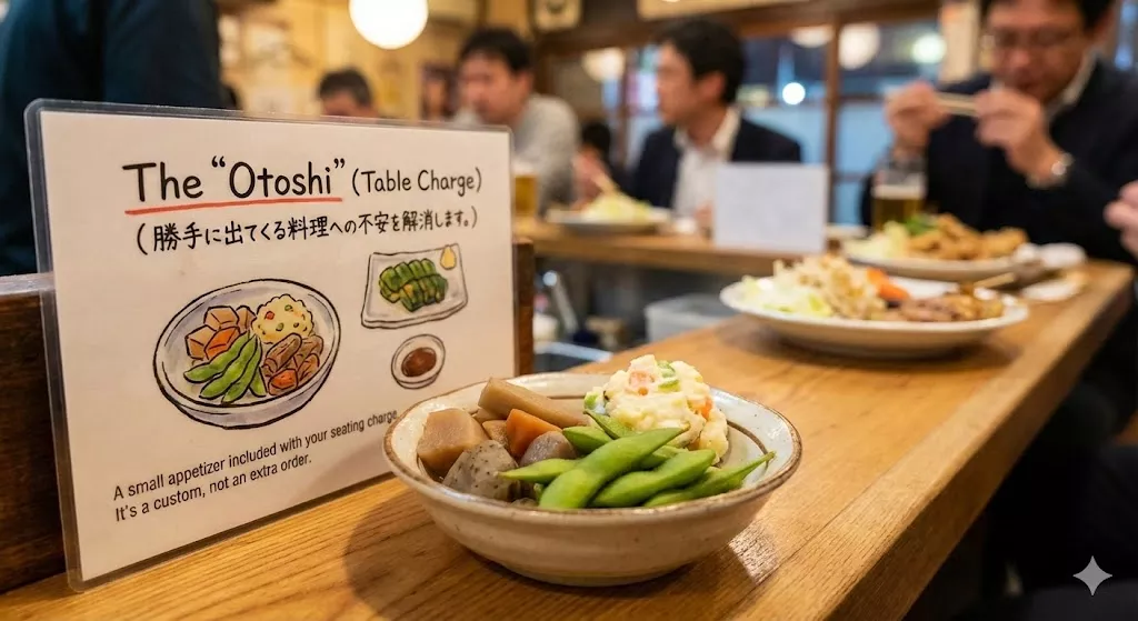 A small appetizer bowl of Otoshi served as a table charge at a Japanese Izakaya