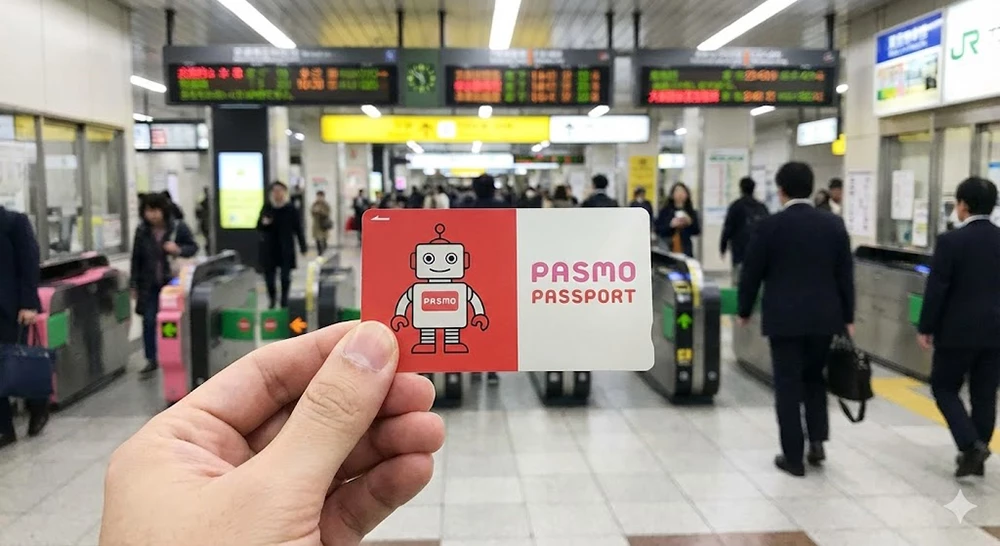 A traveler holding a "PASMO PASSPORT" card featuring a cute robot character in front of ticket gates.
