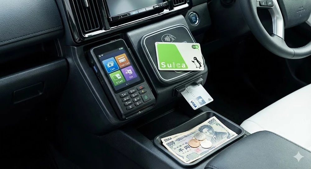 A close-up photograph of a payment terminal inside a Japanese taxi. It visualizes the accepted payment methods: a Suica IC card is tapped on the reader, a Visa credit card is inserted into the slot, and Japanese yen banknotes and coins are placed in the cash tray.
