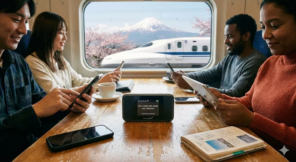 Portable Pocket WiFi router on a table in a Japanese cafe