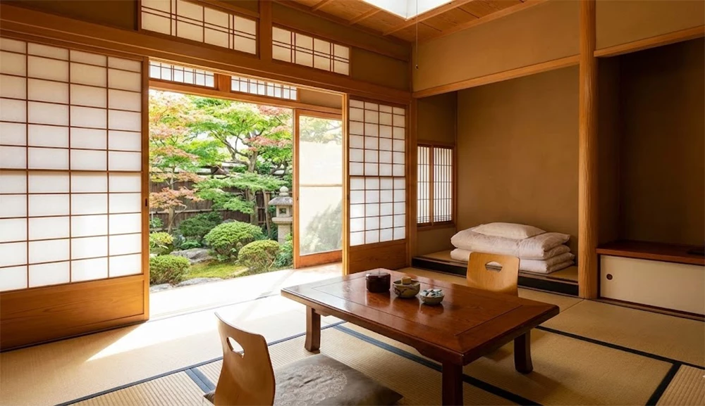 Interior of a traditional Japanese Ryokan room with tatami mats, shoji screens, and a view of a garden