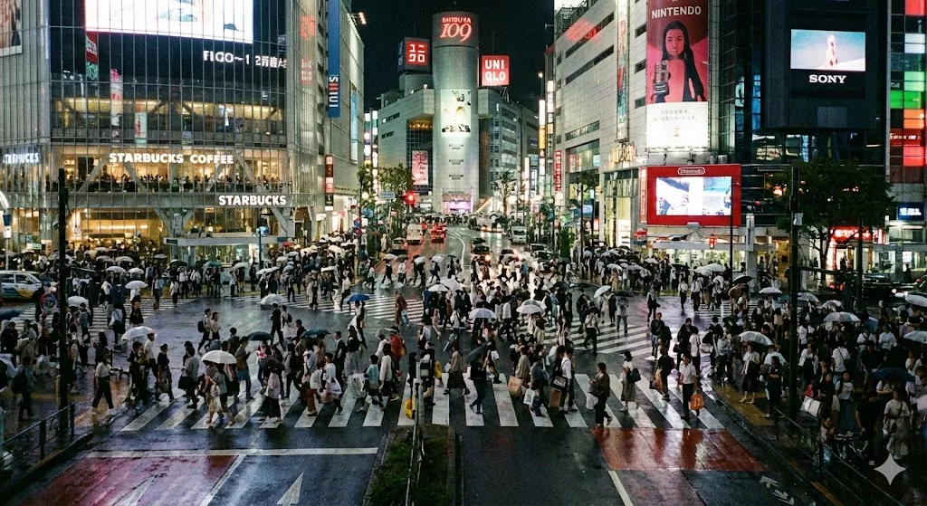 Night view of the famous Shibuya Scramble Crossing in Tokyo, filled with thousands of pedestrians and illuminated by bright neon signs.