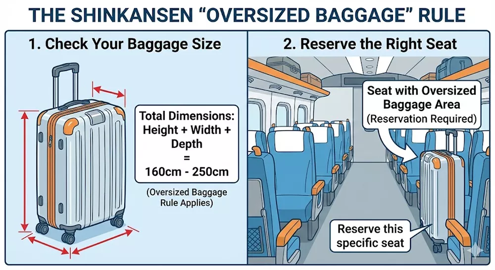 Diagram explaining the Shinkansen Oversized Baggage Rule. The left shows a suitcase with total dimensions (height + width + depth) between 160cm and 250cm. The right shows the luggage stored in the designated space behind the last row of seats, labeled 'Seat with Oversized Baggage Area (Reservation Required)'.
