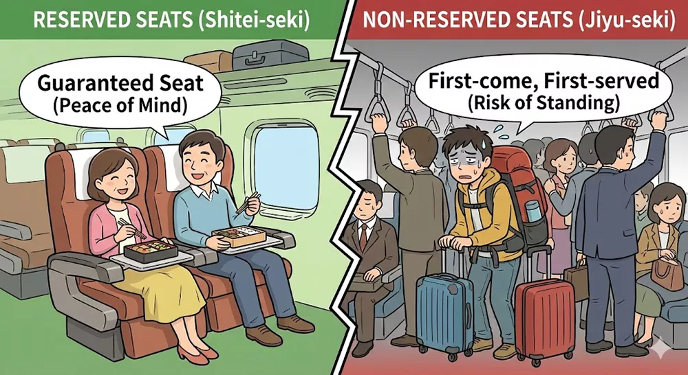 Split illustration comparing Shinkansen seating options. The left side features a happy traveler sitting comfortably with a bento box under the label 'Guaranteed Seat' (Reserved). The right side shows a stressed traveler standing in a crowded carriage with luggage under the label 'First-come, First-served' (Non-Reserved).
