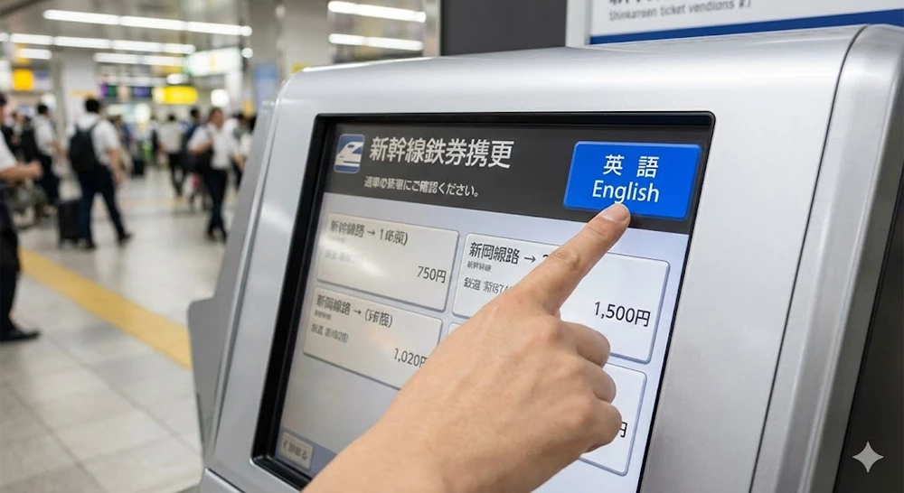 Illustration of a standard JR ticket machine. The screen highlights the 'English' language button, showing international travelers how to switch the language interface to buy tickets easily.