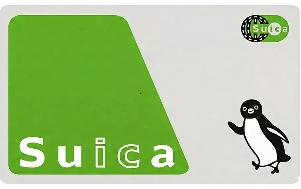 Illustration of a Suica IC card featuring the iconic penguin logo and green design