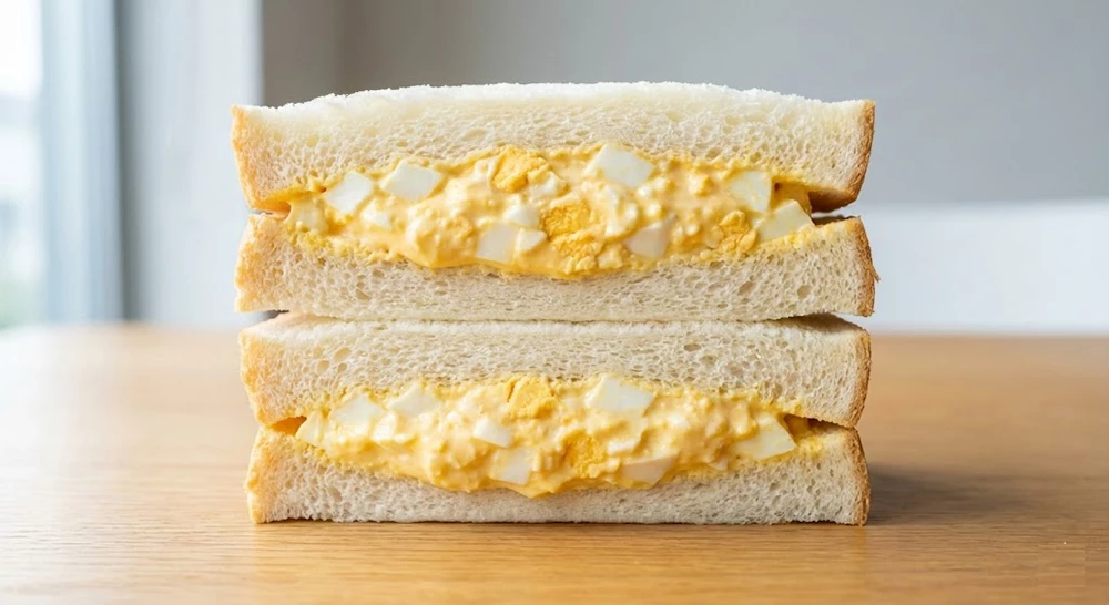 A close-up photograph of a Japanese convenience store-style egg salad sandwich (tamago sando). Two halves are stacked on a wooden table, revealing a cross-section overflowing with a rich, creamy filling of roughly mashed boiled eggs and mayonnaise. The thick, crustless white bread (shokupan) looks incredibly fluffy and soft. Natural light from a window illuminates the sandwich.