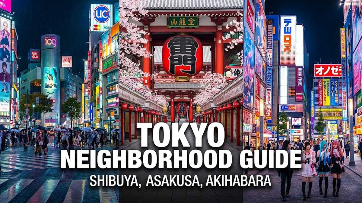 Tokyo Neighborhood Guide featuring neon lights of Shibuya, traditional Senso-ji Temple in Asakusa, and Akihabara Electric Town