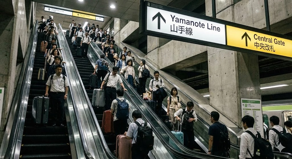 Travelers with large suitcases navigating long escalators at Tokyo Station's underground platform. Visual warning for Narita Express connection to Yamanote Line.