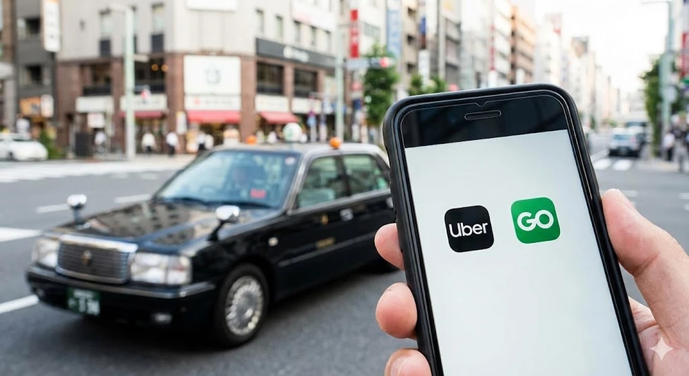 Illustration of a smartphone screen displaying both 'Uber' and 'GO' app icons. A Japanese taxi is visible in the background, visualizing that these apps are used to hail standard taxis in Japan.