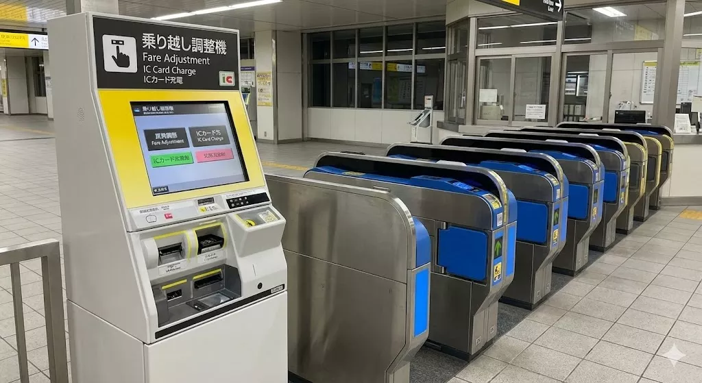 A white and yellow "Fare Adjustment" (Norikoshi Seisanki) and "IC Card Charge" machine with a touch screen, located next to blue automatic ticket gates at a Japanese train station.