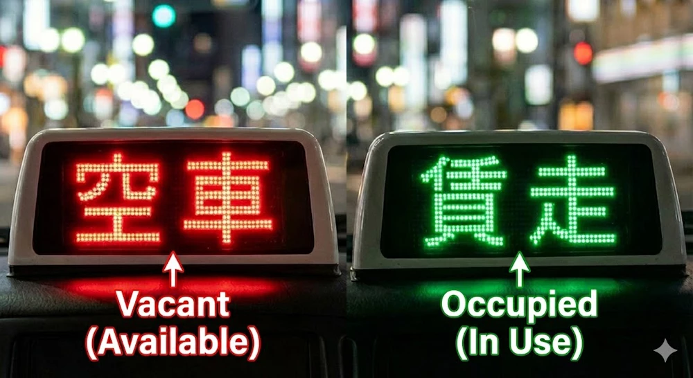 Split-screen illustration of Japanese taxi dashboard signs. The left side shows a red glowing sign labeled 'Vacant' (Available), while the right side shows a green glowing sign labeled 'Occupied' (In use). This helps tourists identify which taxis can be hailed.

