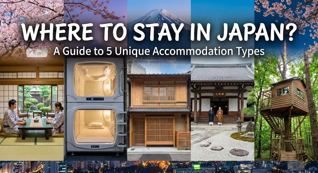 Blog header for "Where to Stay in Japan?" featuring 5 unique accommodation types: Ryokan, Capsule Hotel, Machiya, Temple Lodging (Shukubo), and Nature Retreat.