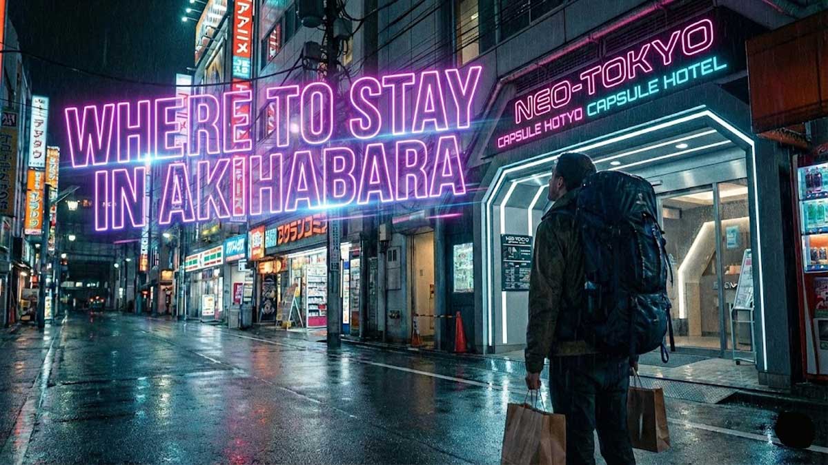 Traveler with a backpack standing on a rainy street in Akihabara at night, looking up at a stylish hotel entrance with neon lights.