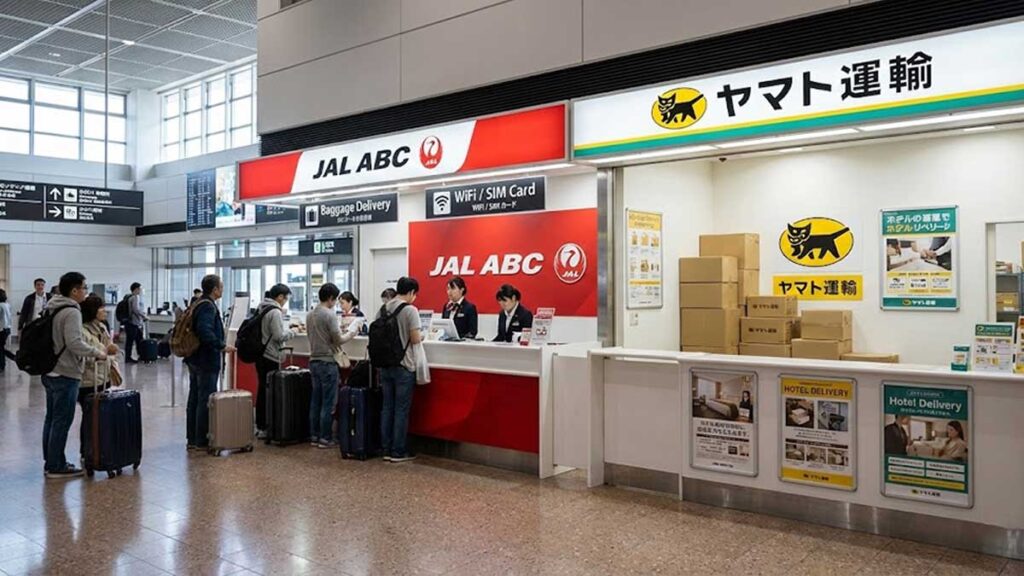 JAL ABC and Yamato Transport baggage delivery counters at a Japanese airport