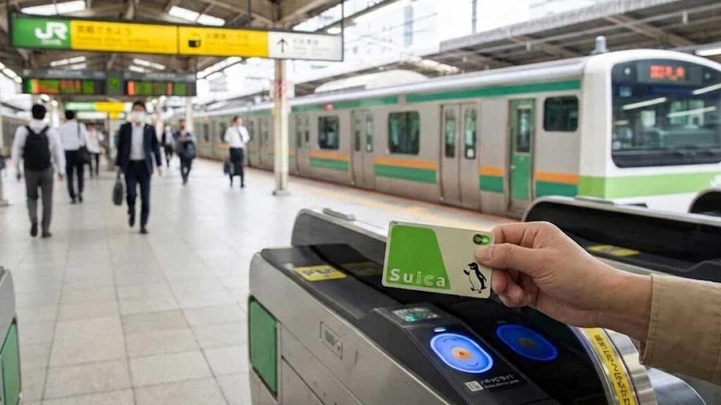 A hand holding a Suica IC card, about to tap it on the reader of an automatic ticket gate on a train platform in Japan.