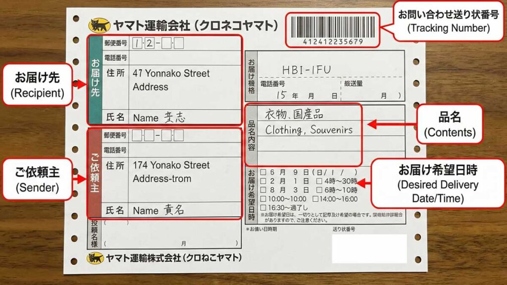 Visual guide of a Yamato Transport delivery waybill (slip) with English labels explaining the fields for Recipient, Sender, Contents, and Tracking Number