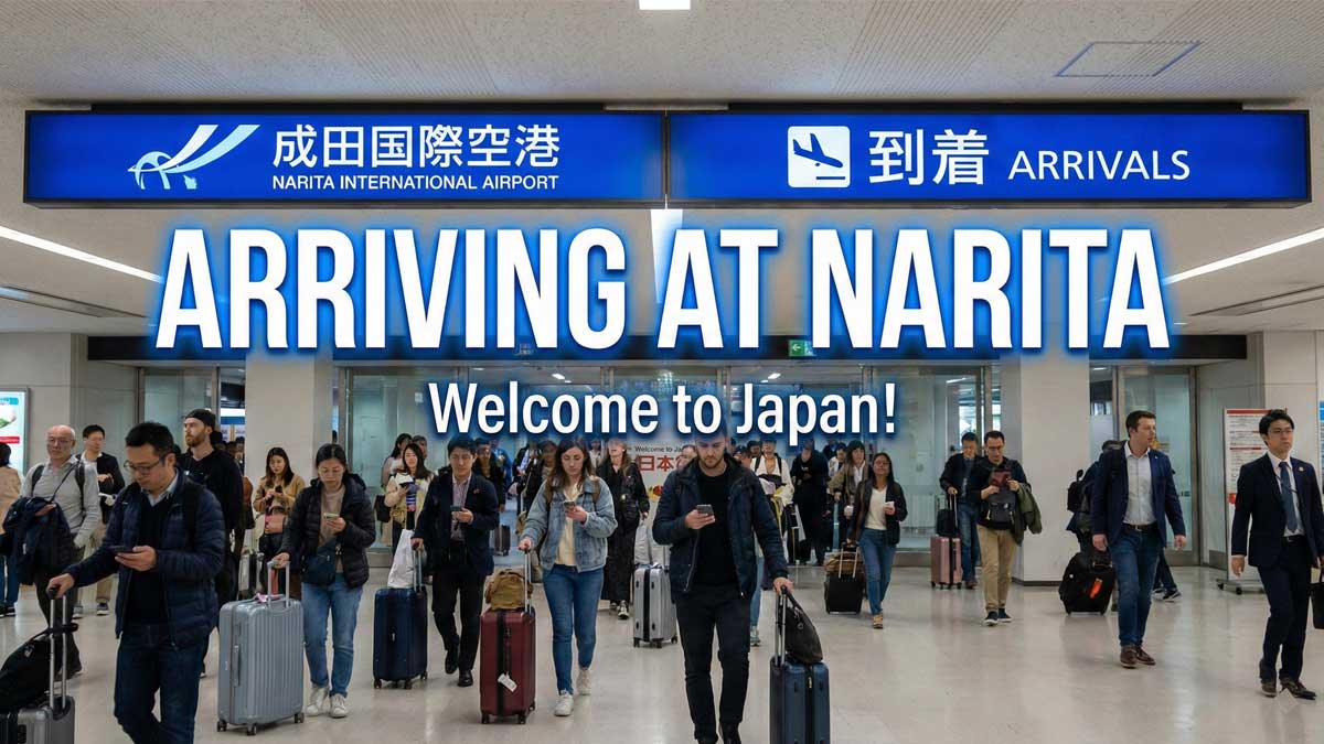 Travelers with suitcases walking in the Narita Airport arrival hall under blue signs, with text overlay: ARRIVING AT NARITA - Welcome to Japan!