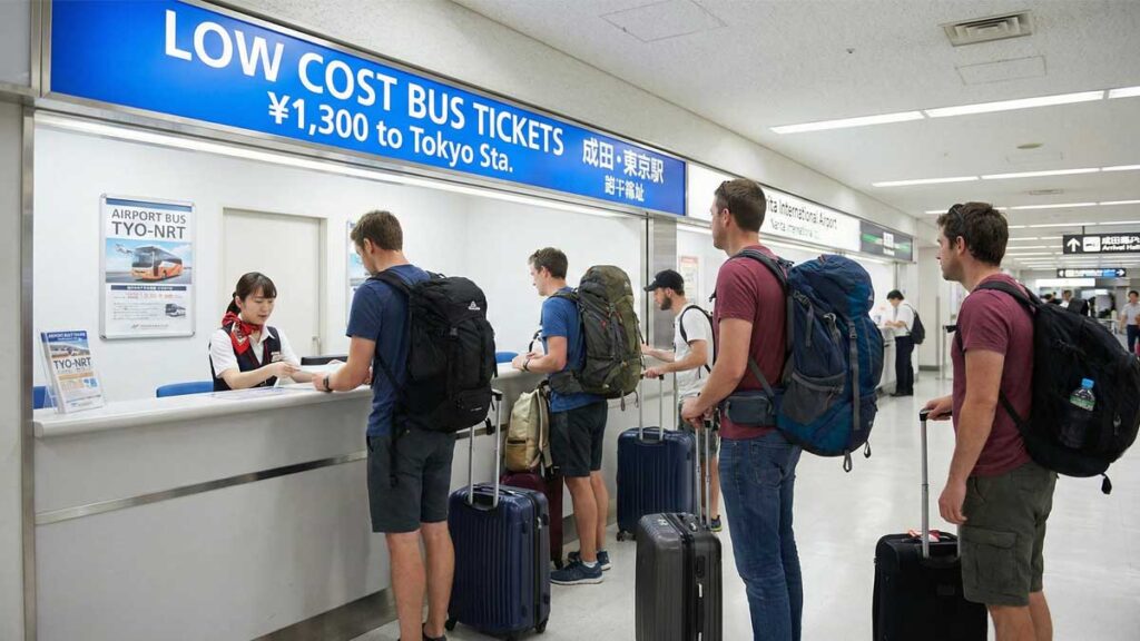 Travelers with backpacks queuing at the "Low Cost Bus Tickets" counter at Narita Airport arrival hall, with a sign showing ¥1,300 to Tokyo Station