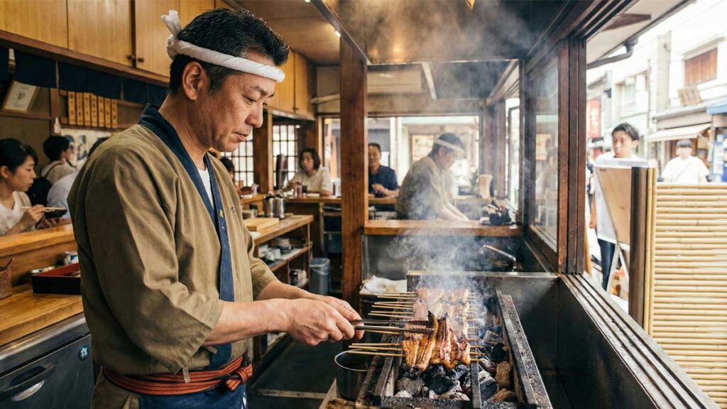 A Japanese chef grilling Unagi (freshwater eel) over charcoal at a restaurant along Narita Omotesando street