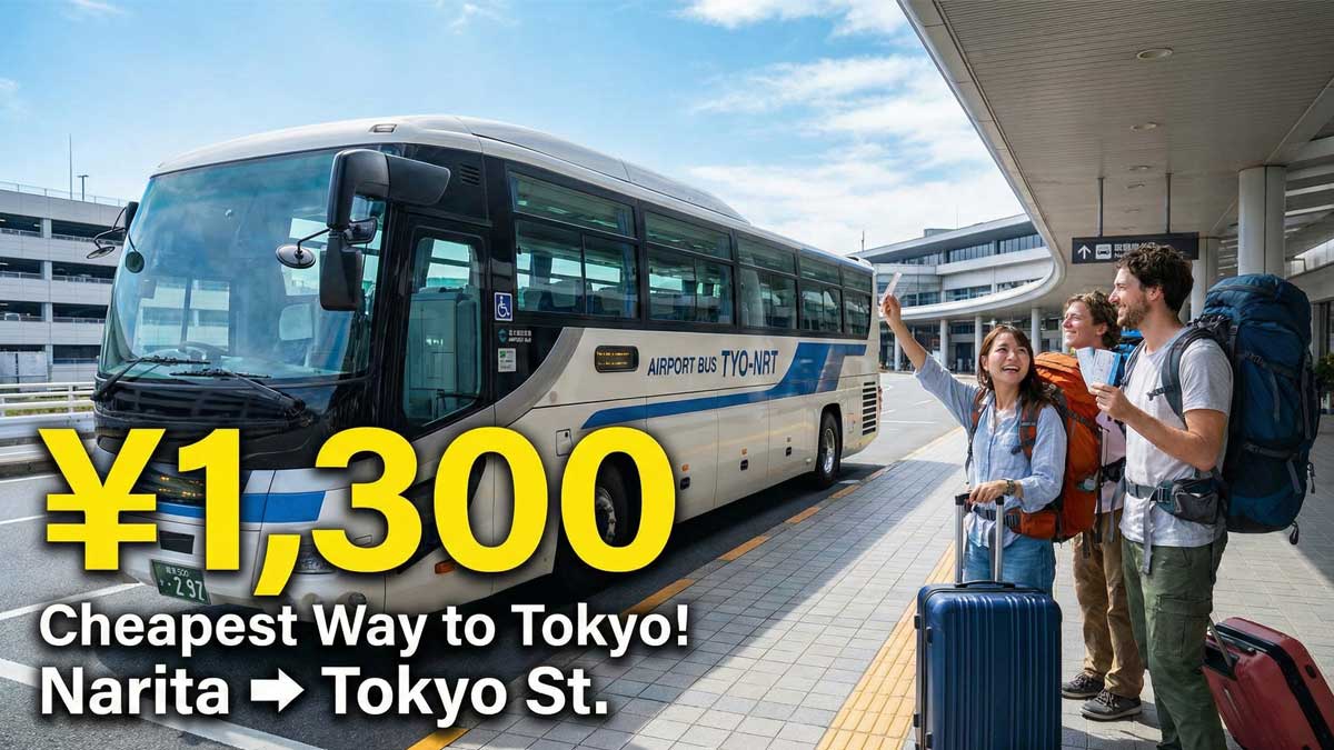 Thumbnail for the cheapest bus guide from Narita to Tokyo, showing a bus at the airport with large text "¥1,300 Cheapest Way to Tokyo!" and smiling backpackers.