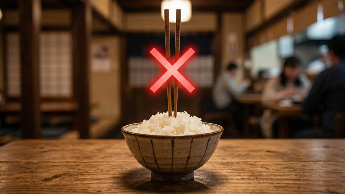 Close-up of a rice bowl with chopsticks stuck upright, marked with a huge red "X" (Tsukitate-bashi taboo). Text reads "NEVER DO THIS!".